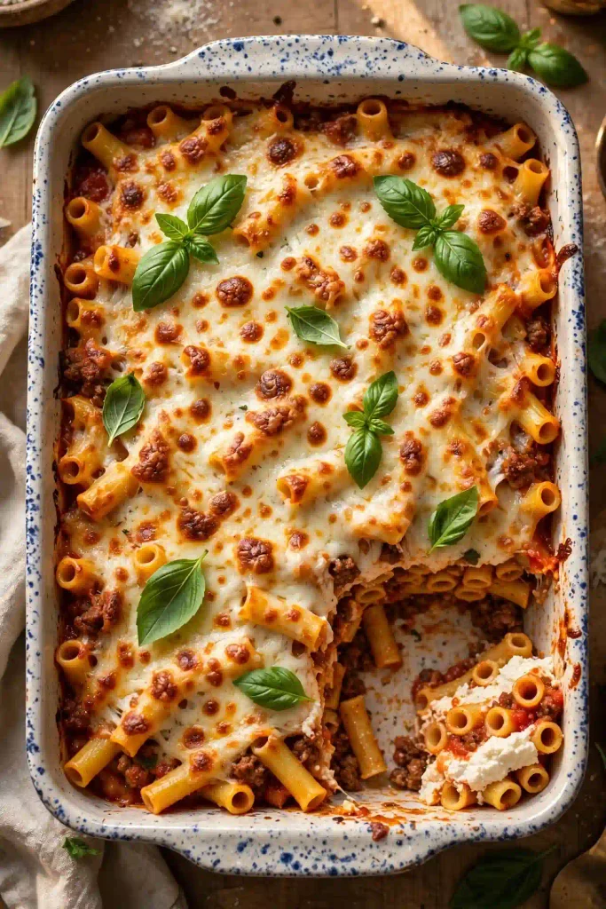  A baking dish of baked ziti with bubbly golden mozzarella on top and a scoop removed showing the layers of pasta, sauce, and ricotta underneath.