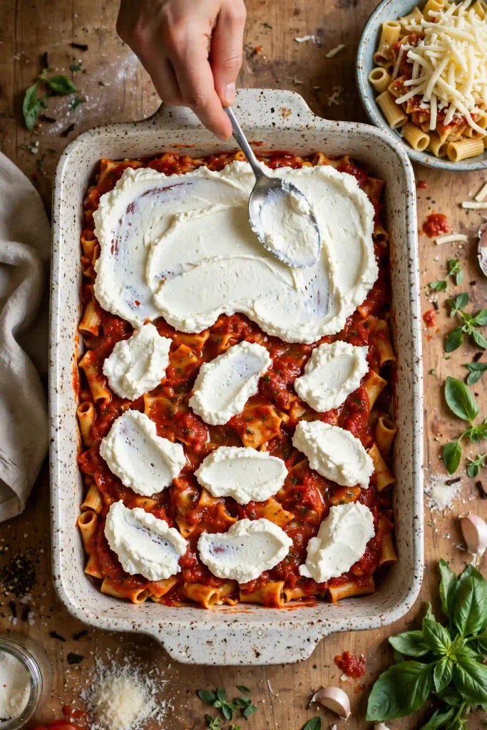  Baked ziti being assembled in a baking dish, with a layer of ricotta visible between two layers of sauced pasta.