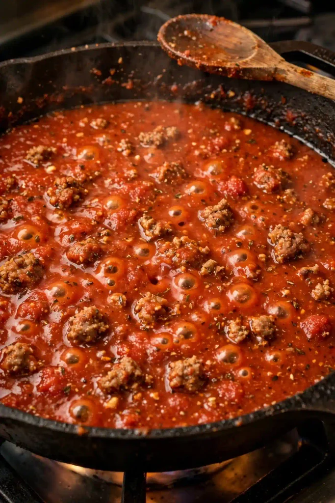 Meat sauce simmering in a skillet with visible browned sausage and a rich red tomato base.