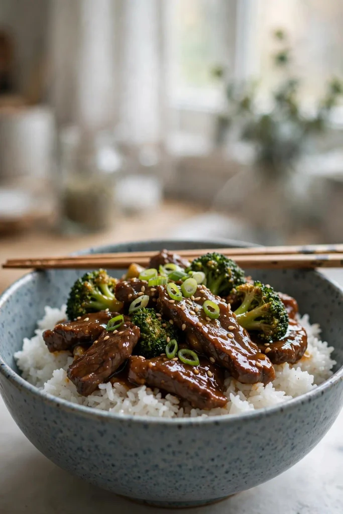 Beef and Broccoli Recipe 5 A bowl of beef and broccoli served over steamed white rice, garnished with sesame seeds and green onion