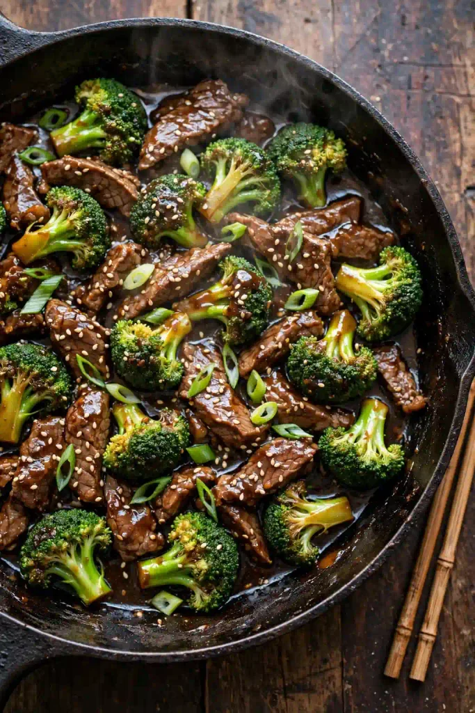 Beef and Broccoli Recipe 2 A skillet of beef and broccoli in a glossy brown garlic sauce, garnished with sesame seeds and sliced green onion.