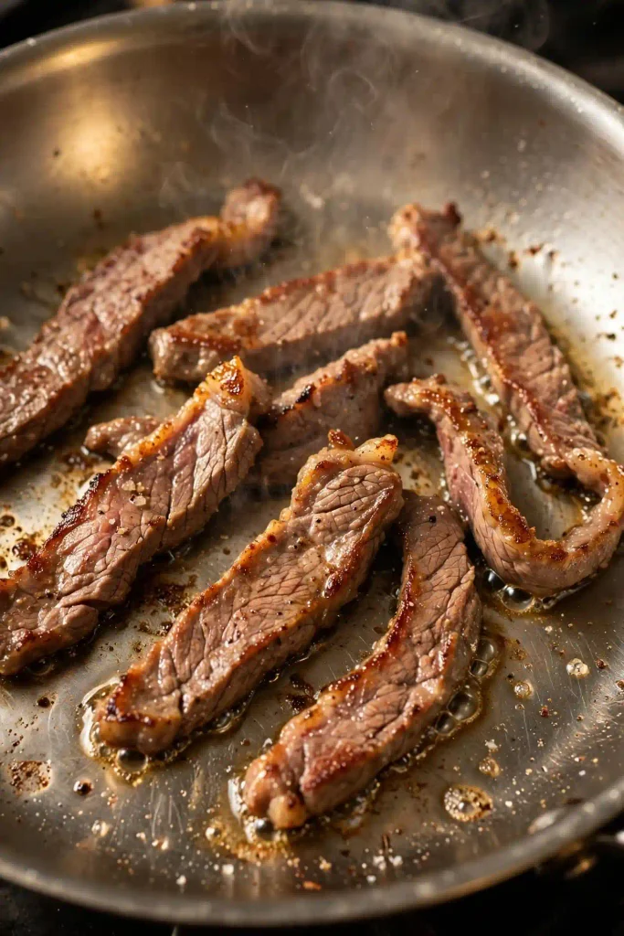 Beef and Broccoli Recipe 3 Thin slices of marinated beef searing in a hot skillet with visible browning on the edges.
