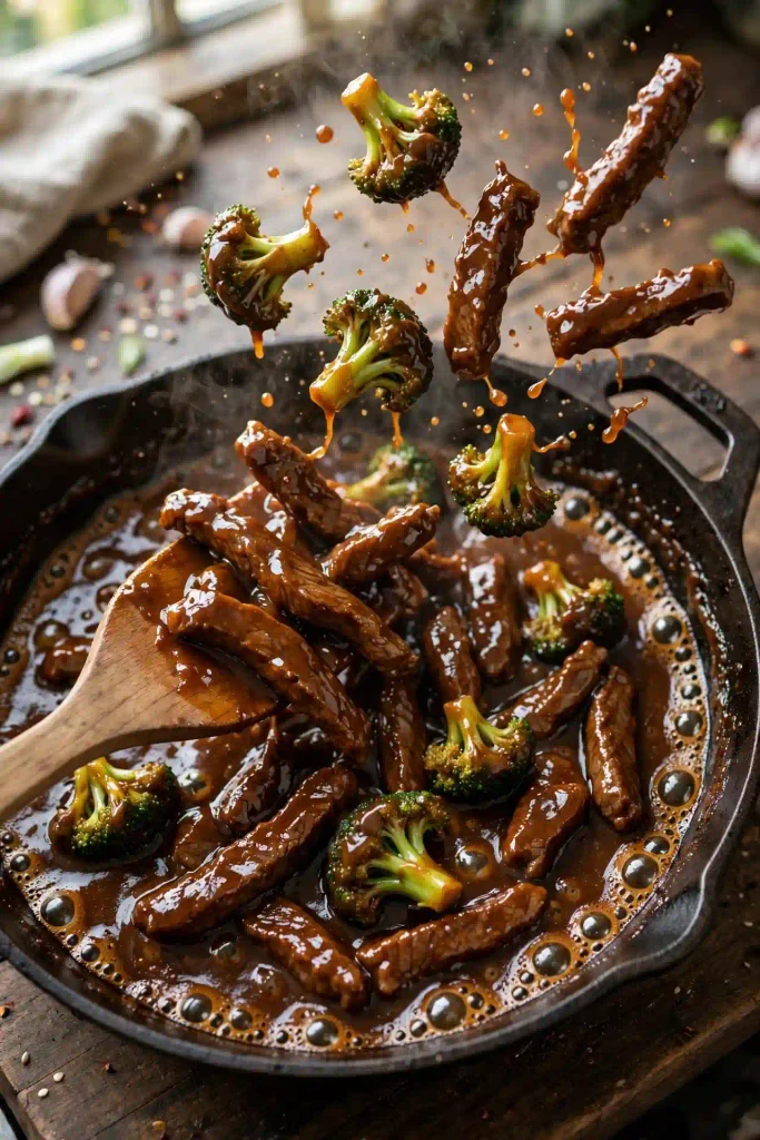 Beef and Broccoli Recipe 4 Beef and broccoli being tossed together in a skillet with a glossy thickened sauce coating everything.