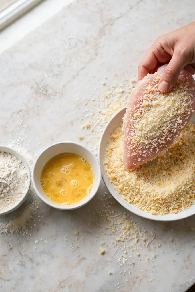 Chicken Parmesan Recipe 3 Raw chicken cutlet being coated in a panko and Parmesan breadcrumb mixture in a shallow bowl, with flour and beaten egg in separate bowls nearby