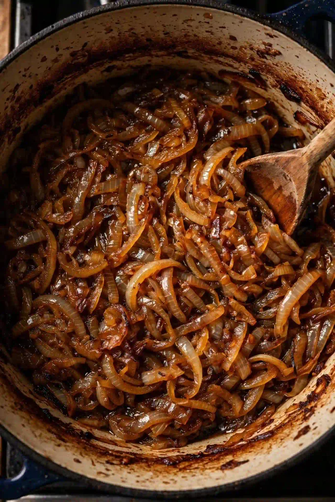Classic French Onion Recipe 3 Deeply caramelized onions cooking in a Dutch oven, amber brown and jammy