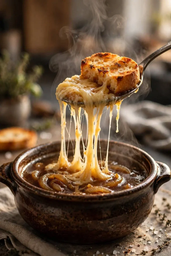 Classic French Onion Recipe 5 Close-up of a bowl of French onion soup with a spoon lifting melted gruyere and toasted baguette from the broth