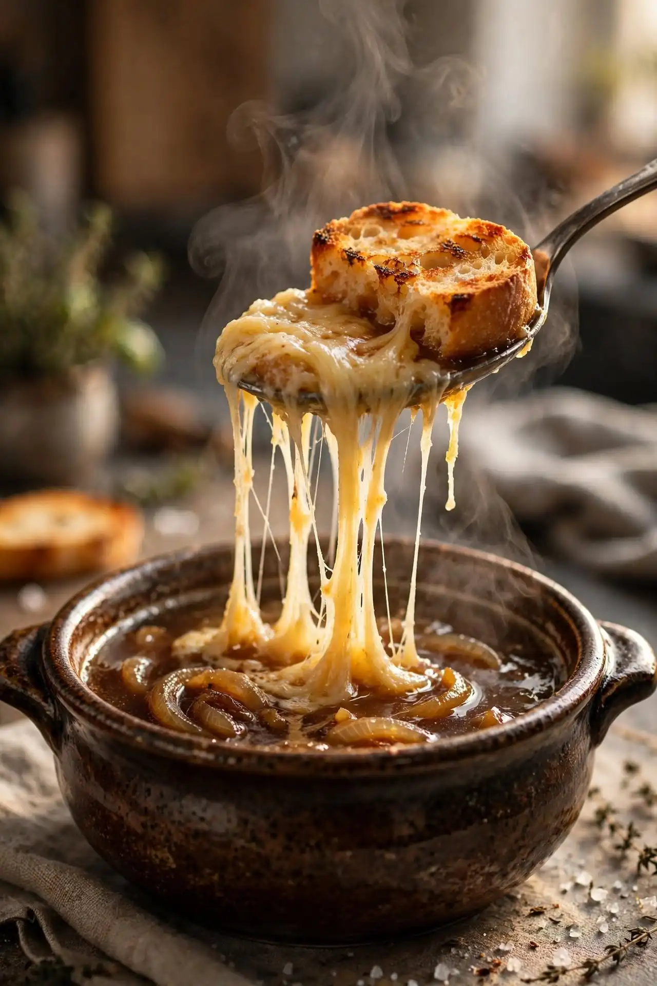 Classic French Onion Recipe 6 cheese pull spoon 1