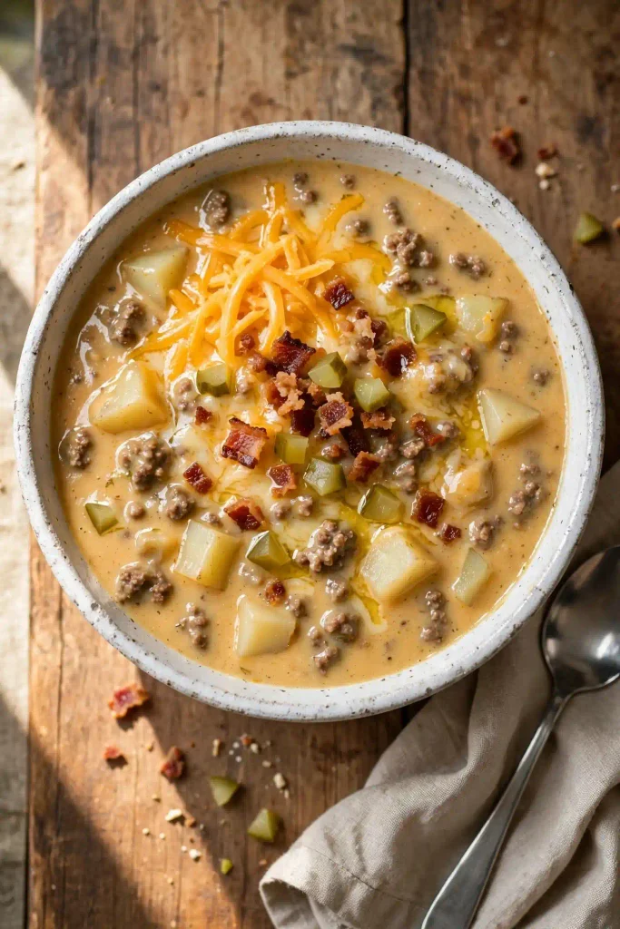  Overhead view of a white bowl filled with thick cheeseburger soup, garnished with shredded cheddar, crumbled bacon, and diced dill pickle