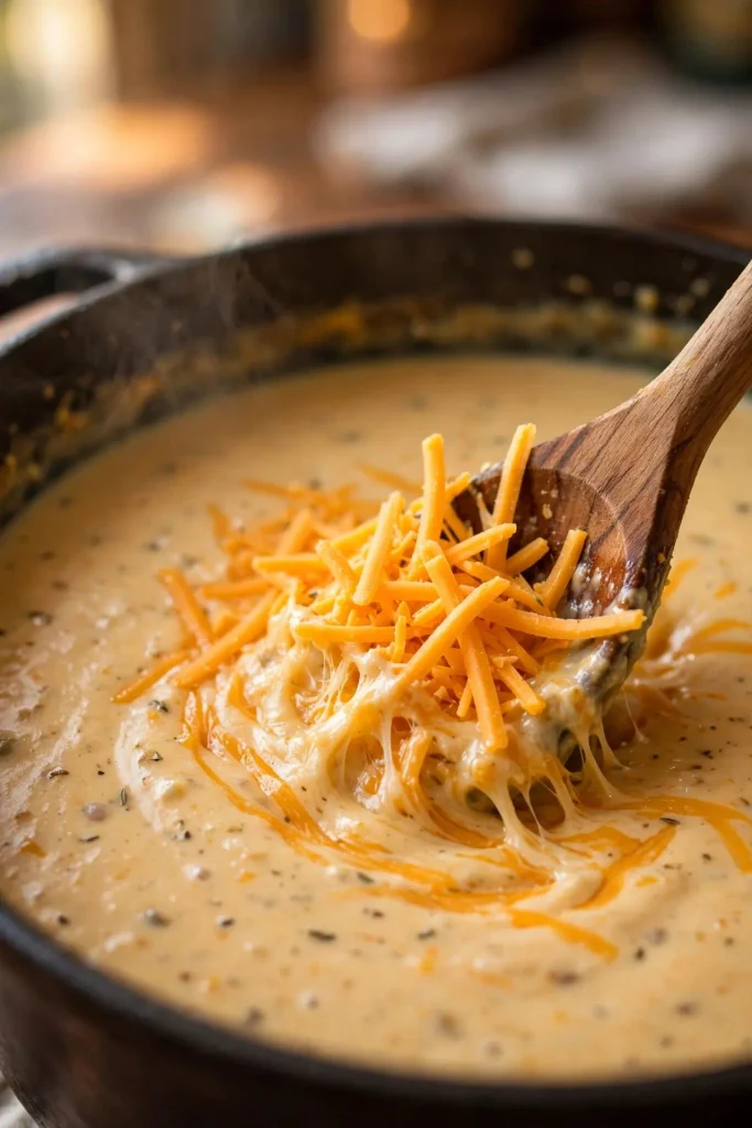 Shredded cheddar cheese being stirred into thick cheeseburger soup off the heat