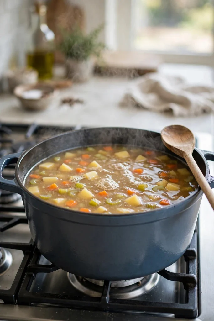 Diced potatoes, carrots, and celery simmering in broth in a large pot on the stovetop