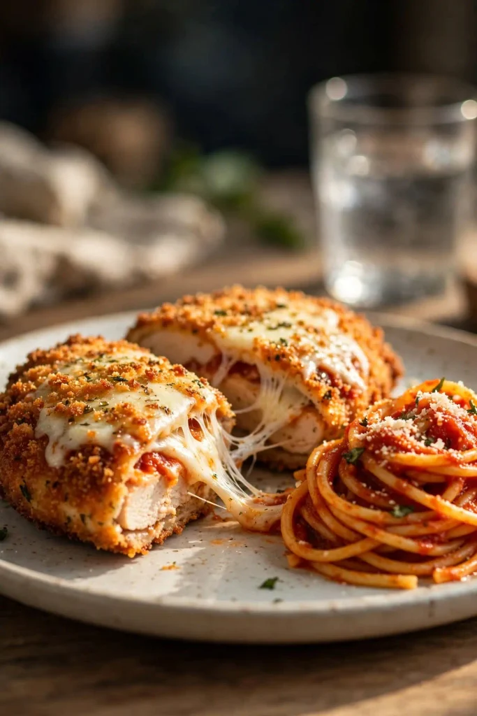Chicken Parmesan Recipe 5 Sliced chicken parmesan on a plate with melted cheese pulling apart, served alongside a small pile of spaghetti in marinara sauce.