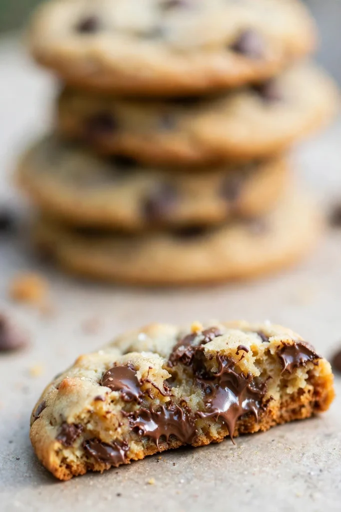 Chocolate Chip Cookies Recipe 5 Close-up of a broken chocolate chip cookie showing a soft, chewy center