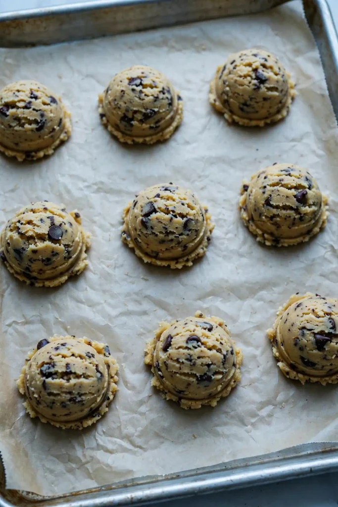 Chocolate Chip Cookies Recipe 3 Cookie dough balls chilling on a parchment-lined baking sheet