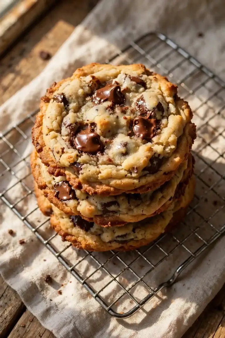 Chocolate Chip Cookies Recipe 7 Stack of chewy chocolate chip cookies with golden edges on a cooling rack