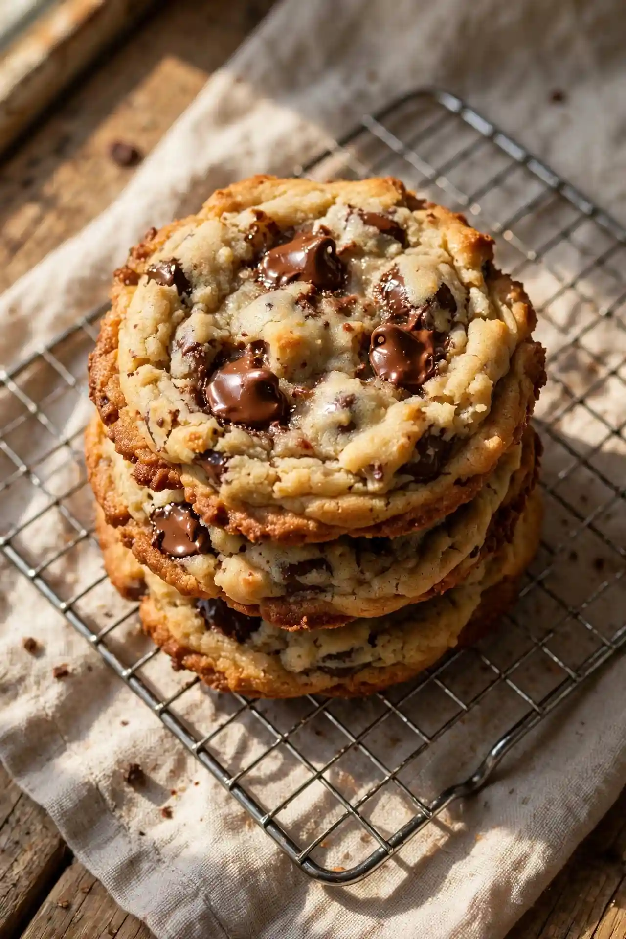 Chocolate Chip Cookies Recipe 6 Stack of chewy chocolate chip cookies with golden edges on a cooling rack