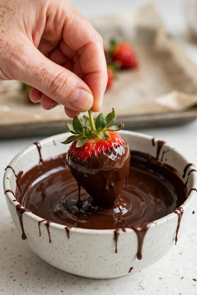 Chocolate Covered Strawberries 4 A hand dipping a strawberry by its stem into a bowl of melted chocolate