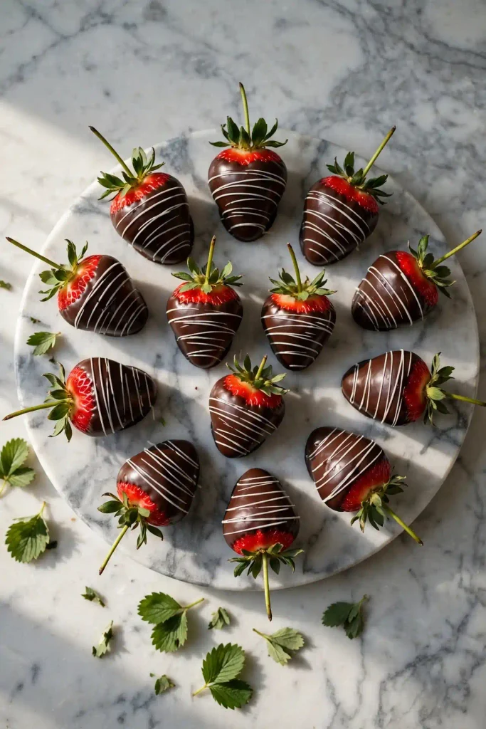 Chocolate Covered Strawberries 2 A dozen chocolate covered strawberries with white chocolate drizzle arranged on a marble platter