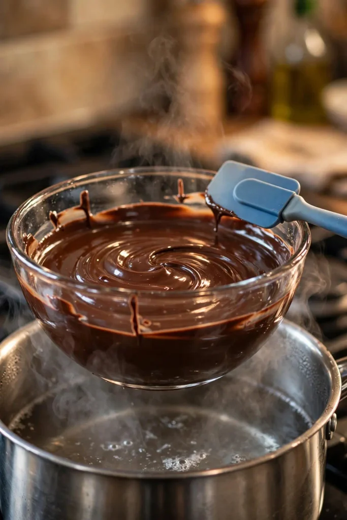 Chocolate Covered Strawberries 3 Melted dark chocolate in a glass bowl set over a pot of simmering water