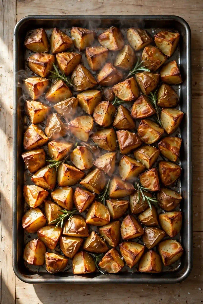 Crispy Roasted Potatoes 2 A sheet pan of golden-brown crispy roasted potato chunks with craggy edges, fresh rosemary scattered on top