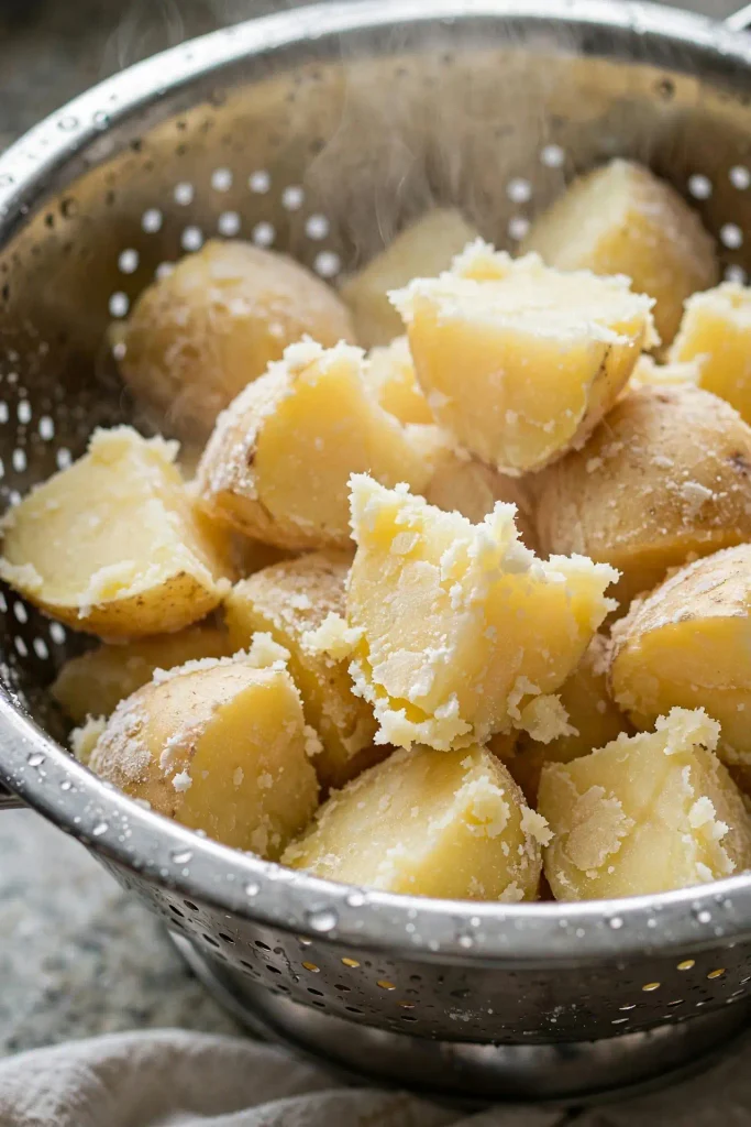 Crispy Roasted Potatoes 3 Parboiled potato chunks in a metal colander with rough, starchy, scuffed edges