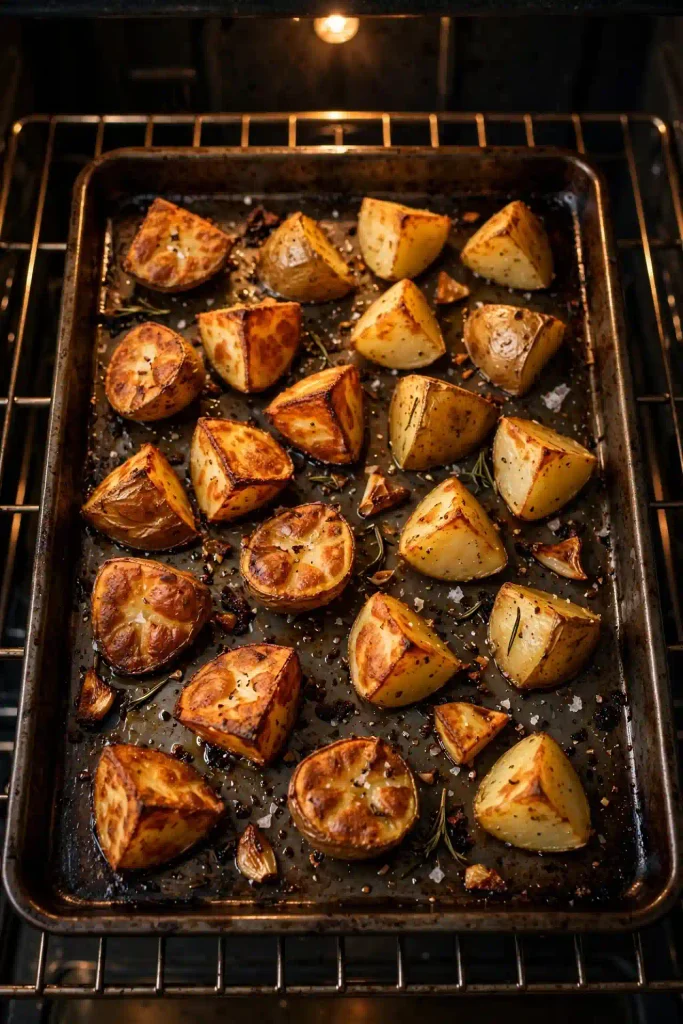 Crispy Roasted Potatoes 4 Roasted potato chunks on a baking sheet, golden brown and crisp, partway through cooking