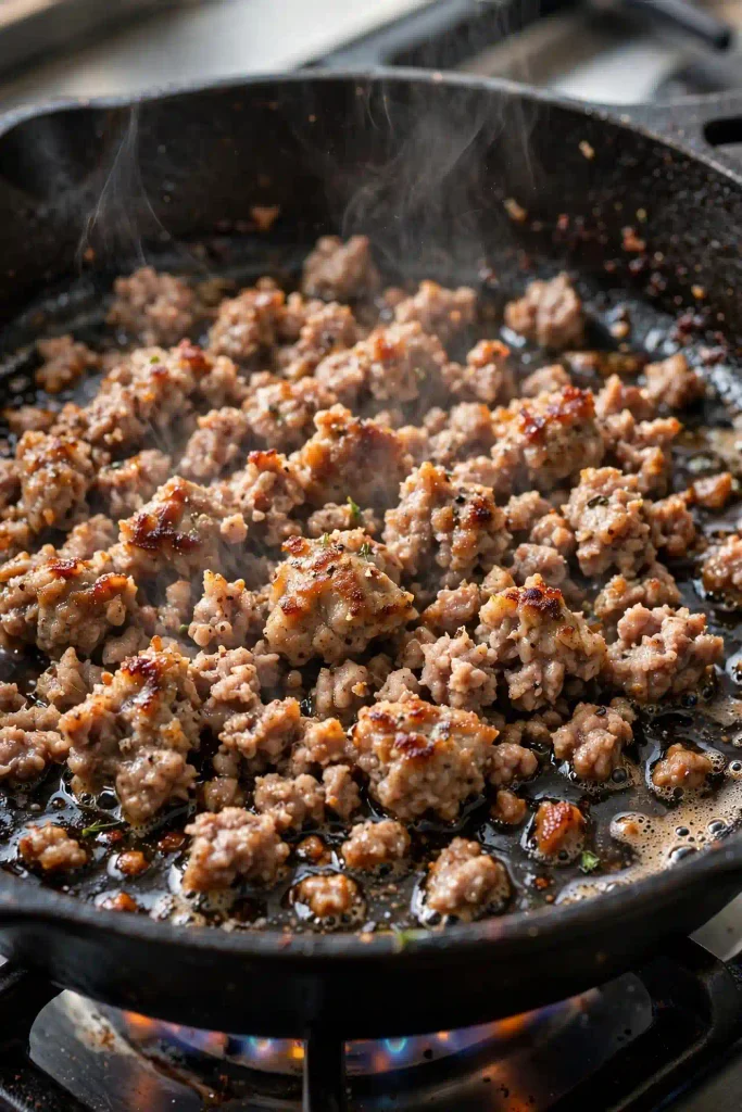 Egg Roll In a Bowl 3 Ground pork browning in a skillet, broken into crumbles, no pink remaining