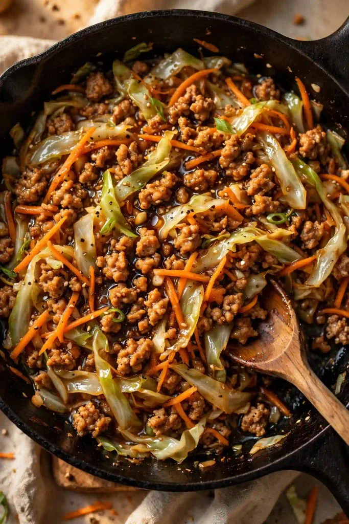 Egg Roll In a Bowl 4 Shredded cabbage and carrots mixed with browned ground pork in a skillet, cabbage wilted but still holding some shape