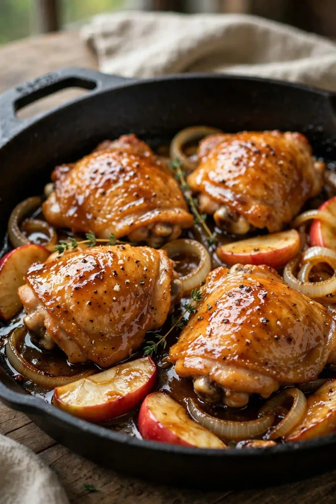 Fall Recipes 7 Cast iron skillet of apple cider braised chicken thighs with crispy skin and sliced onions