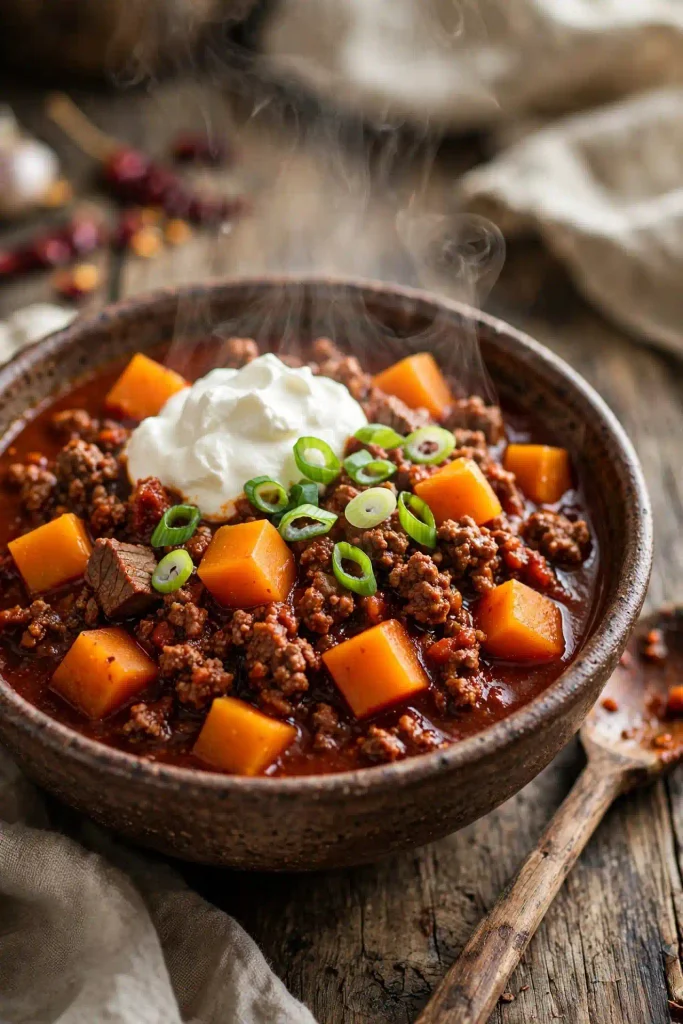 Fall Recipes 8 Bowl of beef and butternut squash chili topped with sour cream and green onion
