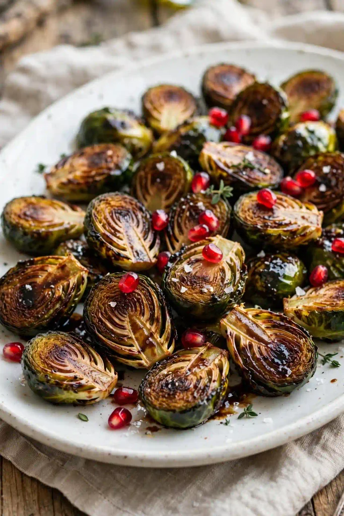 Fall Recipes 4 Roasted Brussels sprouts tossed with balsamic glaze and pomegranate seeds on a white platter
