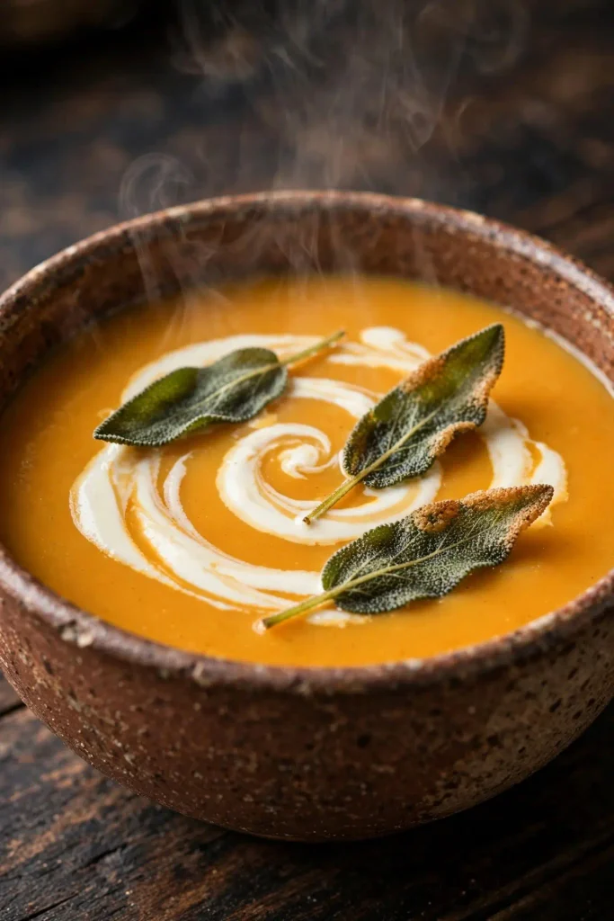 Fall Recipes 5 Bowl of butternut squash soup topped with crispy fried sage leaves and a cream swirl