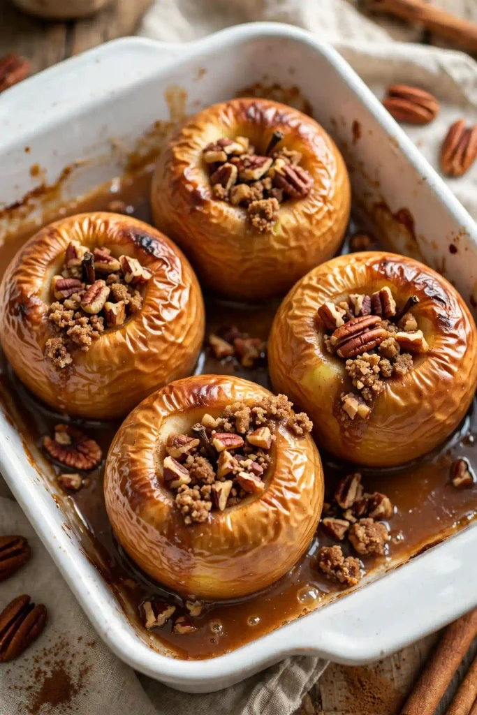 Fall Recipes 11 Baked apples filled with cinnamon pecan mixture on a baking dish