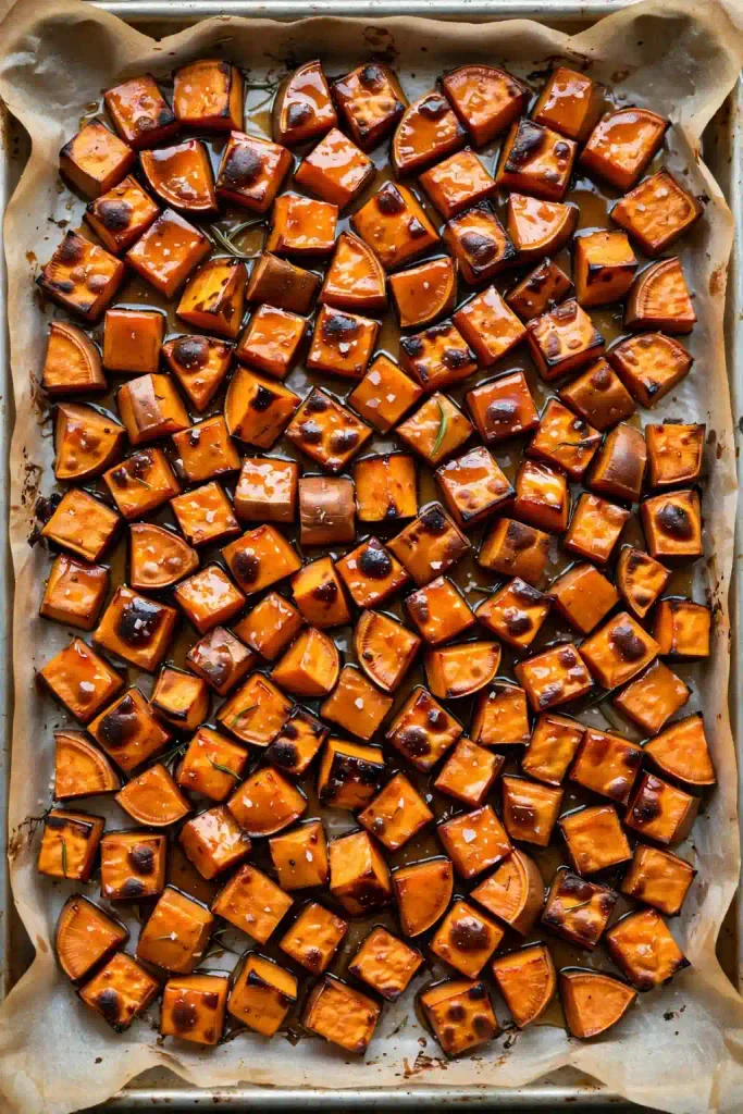 Fall Recipes 3 Sheet pan of maple cinnamon roasted sweet potato cubes with caramelized edges