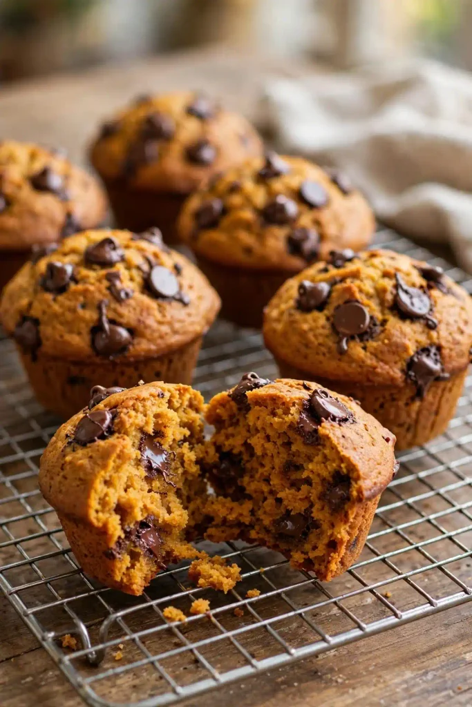 Fall Recipes 13 Pumpkin chocolate chip muffins cooling on a wire rack