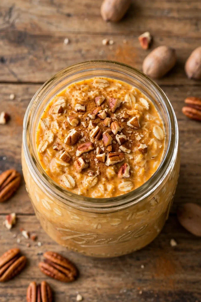 Fall Recipes 2 Mason jar of pumpkin spice overnight oats topped with pecans and cinnamon