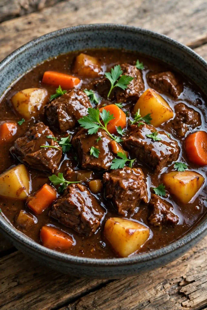Fall Recipes 10 Bowl of slow cooker beef stew with carrots, potatoes, and parsnips in thick broth