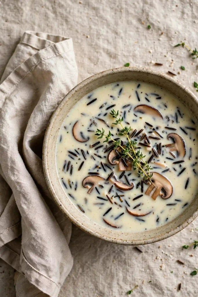 Fall Recipes 6 Bowl of creamy wild rice and mushroom soup with visible mushroom slices and herbs