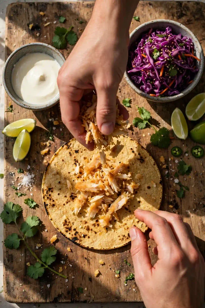 Fish Tacos 4 Hands assembling a fish taco by placing flaked seared fish onto a warm corn tortilla, with slaw and crema in small bowls nearby