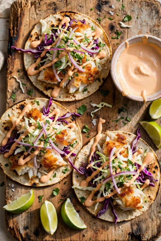 Fish Tacos 2 Three pan-seared fish tacos on corn tortillas topped with cabbage slaw, cilantro, and chipotle-lime crema, arranged on a plate with lime wedges.