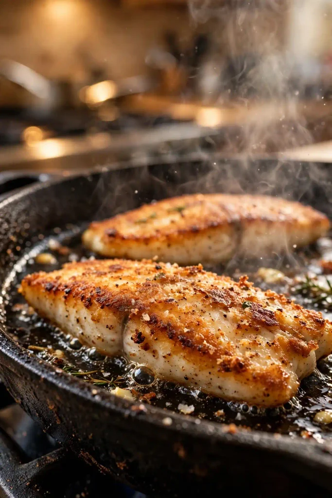 Fish Tacos 3 Seasoned white fish fillets searing in a cast iron skillet with a golden-brown crust forming on the edges