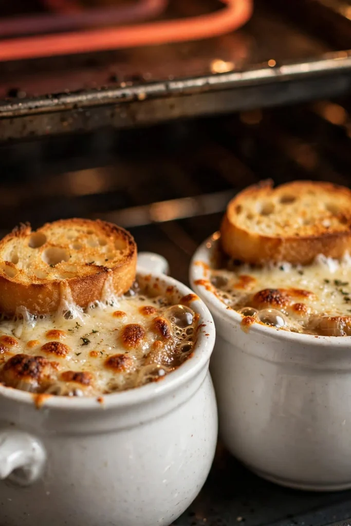 Classic French Onion Recipe 4 Crocks of French onion soup with toasted baguette and grated gruyere under a broiler, cheese starting to bubble