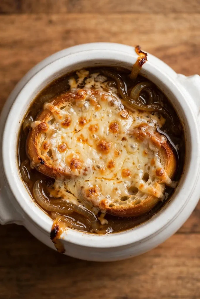 Classic French Onion Recipe 2 Overhead shot of a crock of French onion soup topped with melted, browned gruyère and a toasted baguette slice