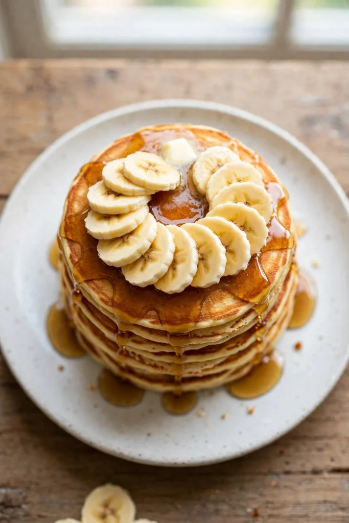 Banana Pancakes Recipe 2 a stack of golden banana pancakes on a white plate, topped with sliced bananas and a drizzle of maple syrup.