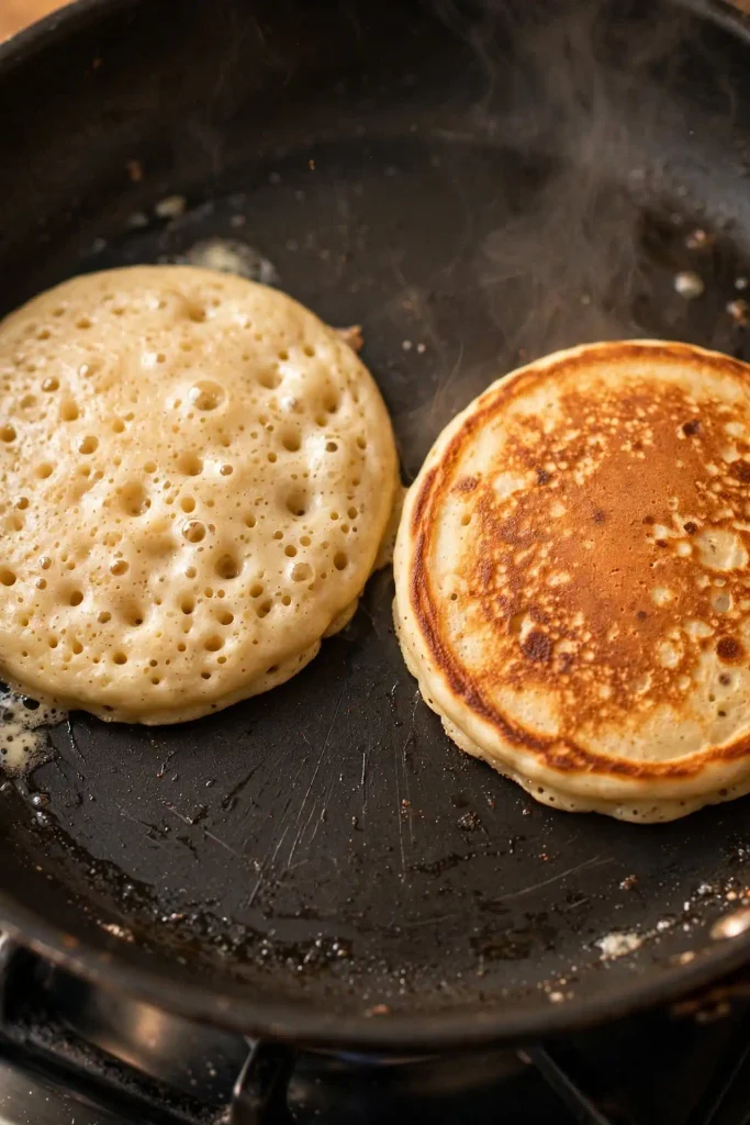 Banana Pancakes Recipe 4 two banana pancakes cooking on a nonstick skillet, one showing bubbles forming on the surface