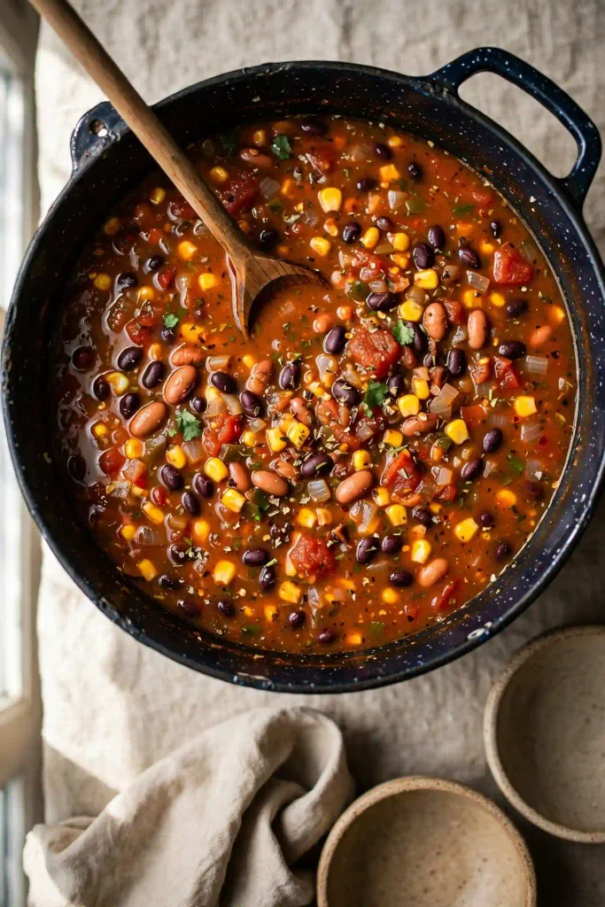 Taco Soup Recipe 2 Overhead shot of a full pot of taco soup with visible chunks of tomato, corn, and beans in a reddish-orange broth