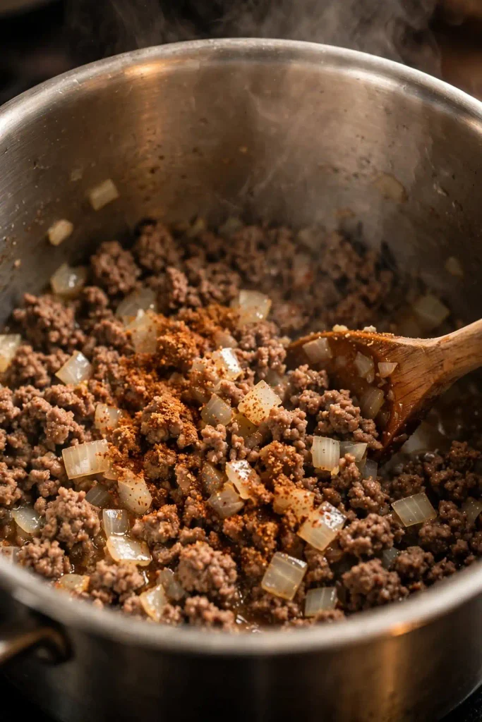 Taco Soup Recipe 3 Ground beef and diced onion browning in a pot with taco seasoning being stirred in