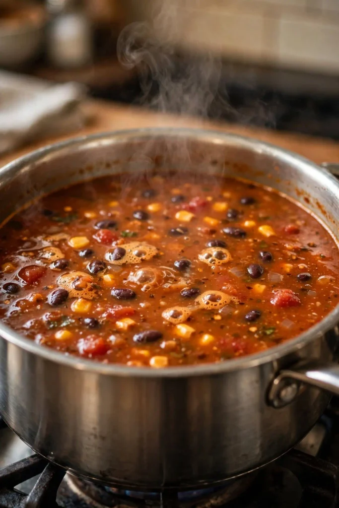Taco Soup Recipe 4 Taco soup simmering uncovered in a pot, showing thickened reddish broth with beans and corn visible
