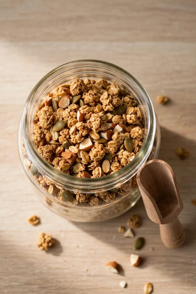 Easy Granola Recipe with Crunchy Clusters 2 A glass jar filled with golden granola clusters, oats and almond pieces visible, next to a wooden spoon on a countertop.