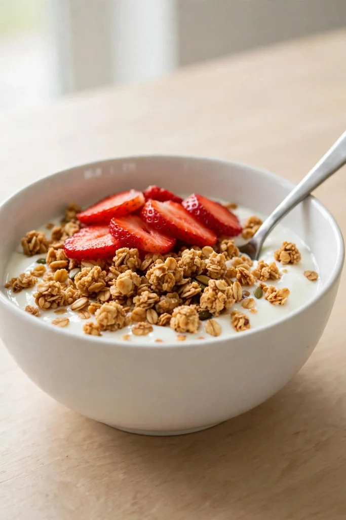 Easy Granola Recipe with Crunchy Clusters 5 A bowl of yogurt topped with granola clusters and fresh sliced fruit.