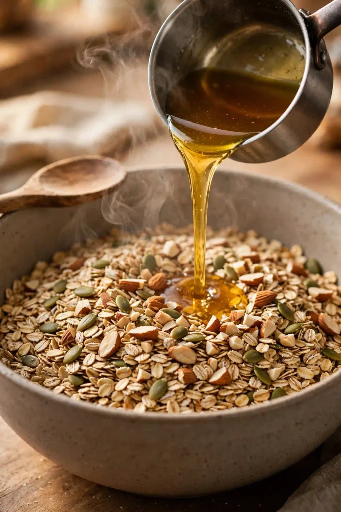 Easy Granola Recipe with Crunchy Clusters 3 Hands pouring warm honey and oil mixture over a bowl of oats, nuts, and seeds.